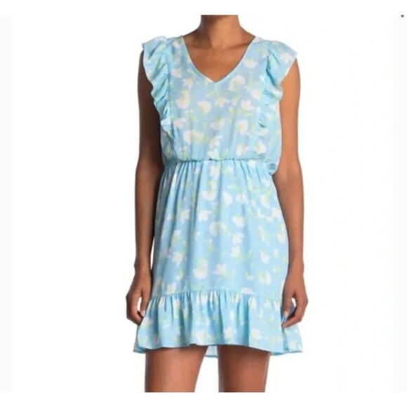 Collective Concepts Blue Floral Ruffle Print Mini Sundress - Picture 1 of 5
